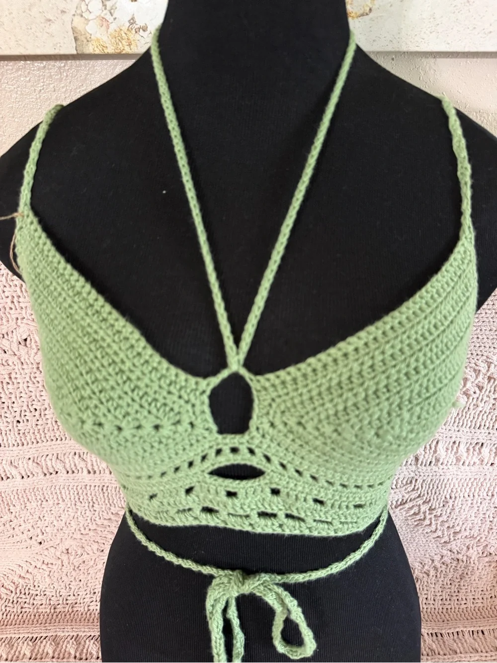 Handmade Crochet Halter Crop Top in Sage Green (Cotton Yarn)